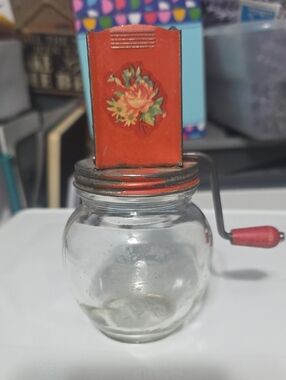 Red Floral Hand-Crank Glass Churn Jar